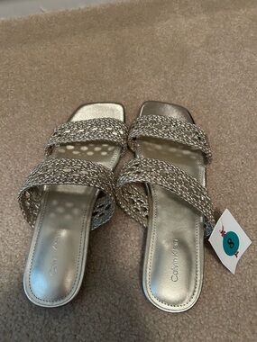 NWT Calvin Klein Women's Braided Metallic Slide Sandals in Gold